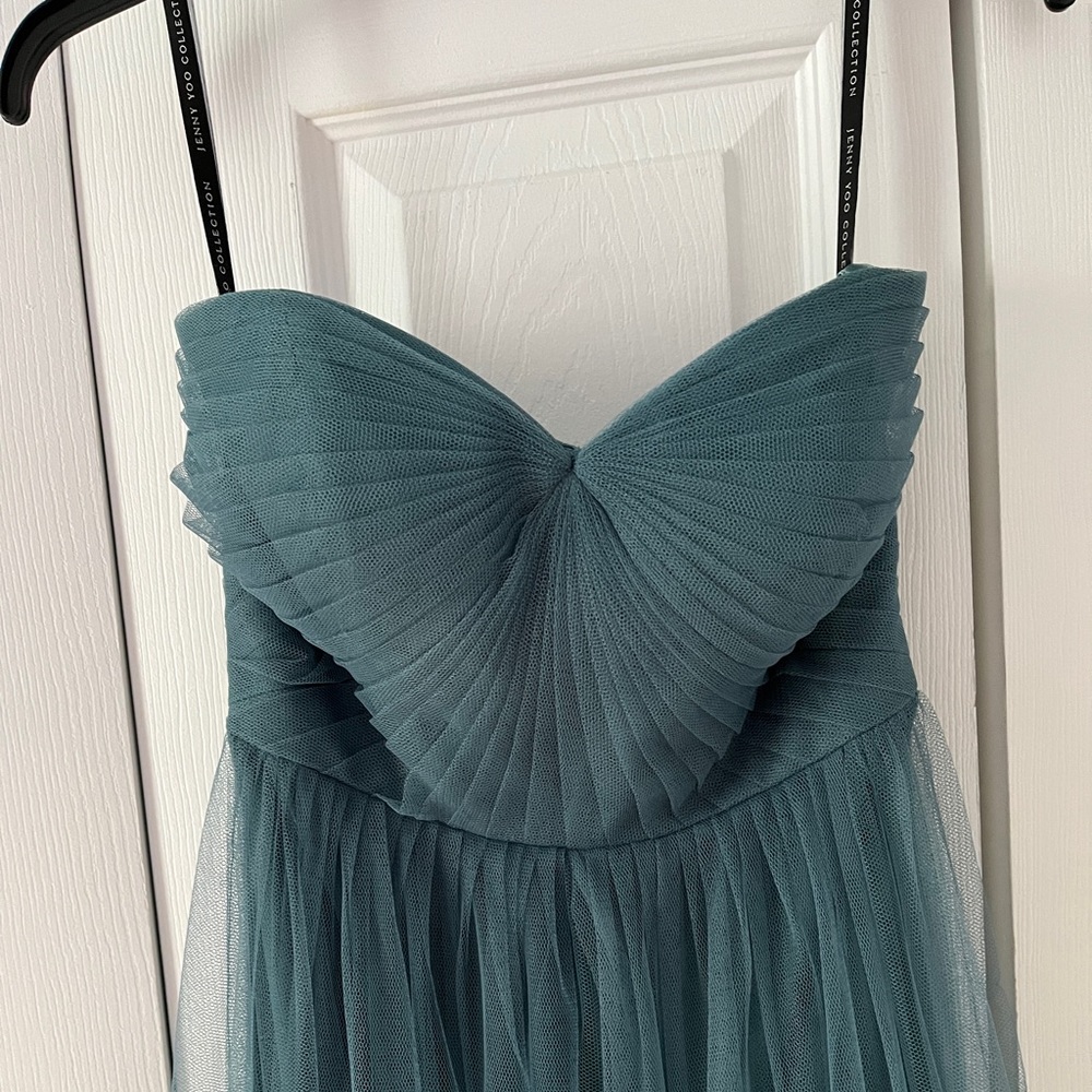 Teal Jenny Yoo bridesmaid dress.  Altered to height 5’5 with three in heels.